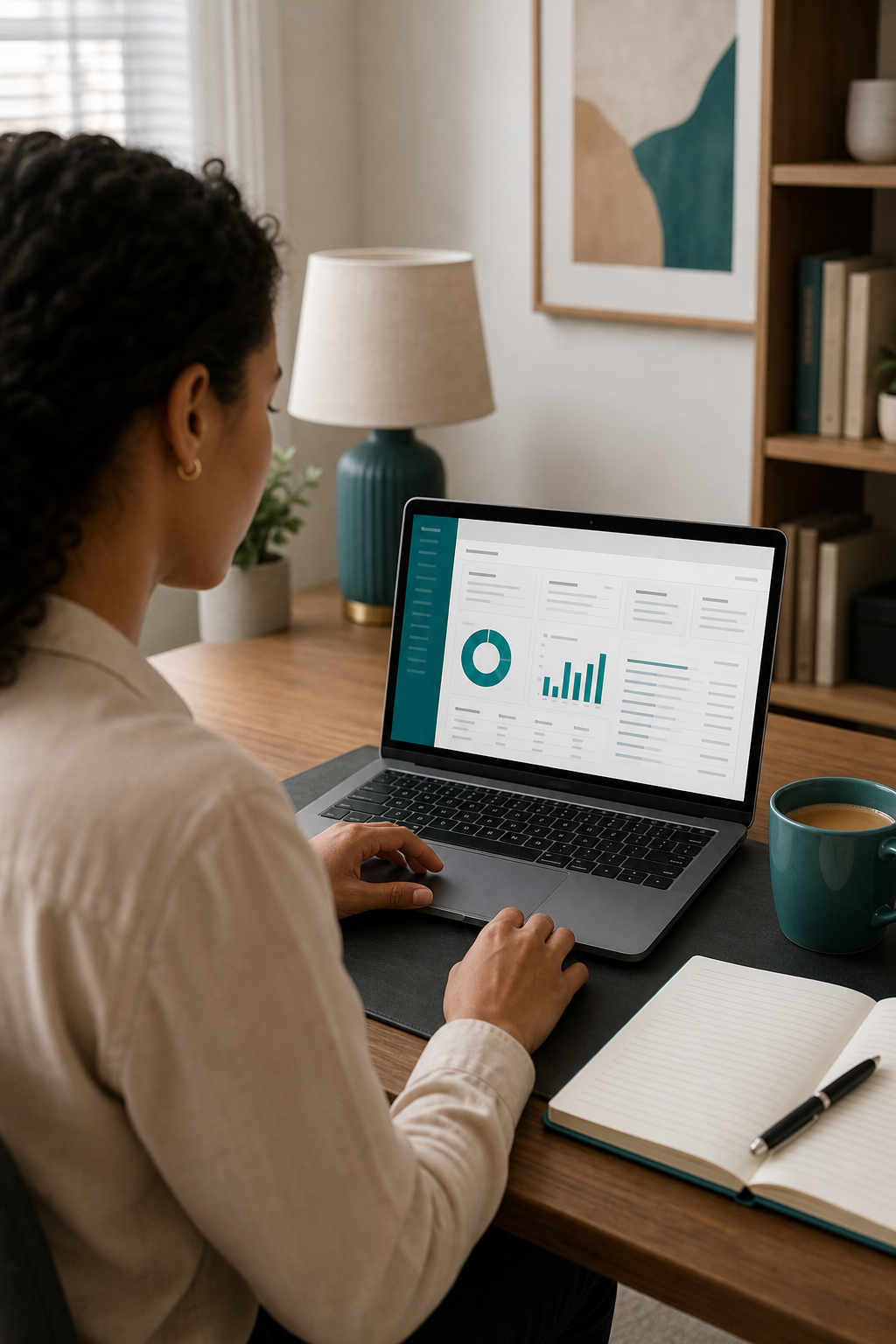 Best Mental Health Billing Services North Georgia 3 A therapist sitting at a desk with a clean, organized workspace, a cup of coffee, and a laptop showing an EHR billing dashboard. Alt: Therapist using EHR billing software for mental health practice