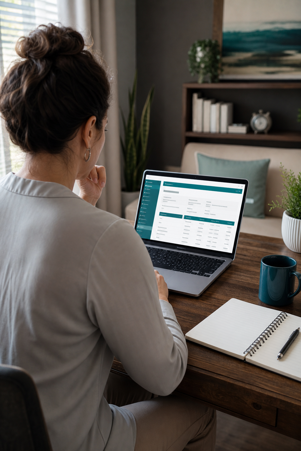A photorealistic over-the-shoulder view of a calm therapist at a tidy home office desk reviewing an insurance claim report on a laptop, warm natural light, a notepad and coffee mug nearby, teal accent on the screen interface. Alt: Mental health billing service workflow for a South Georgia private practice.