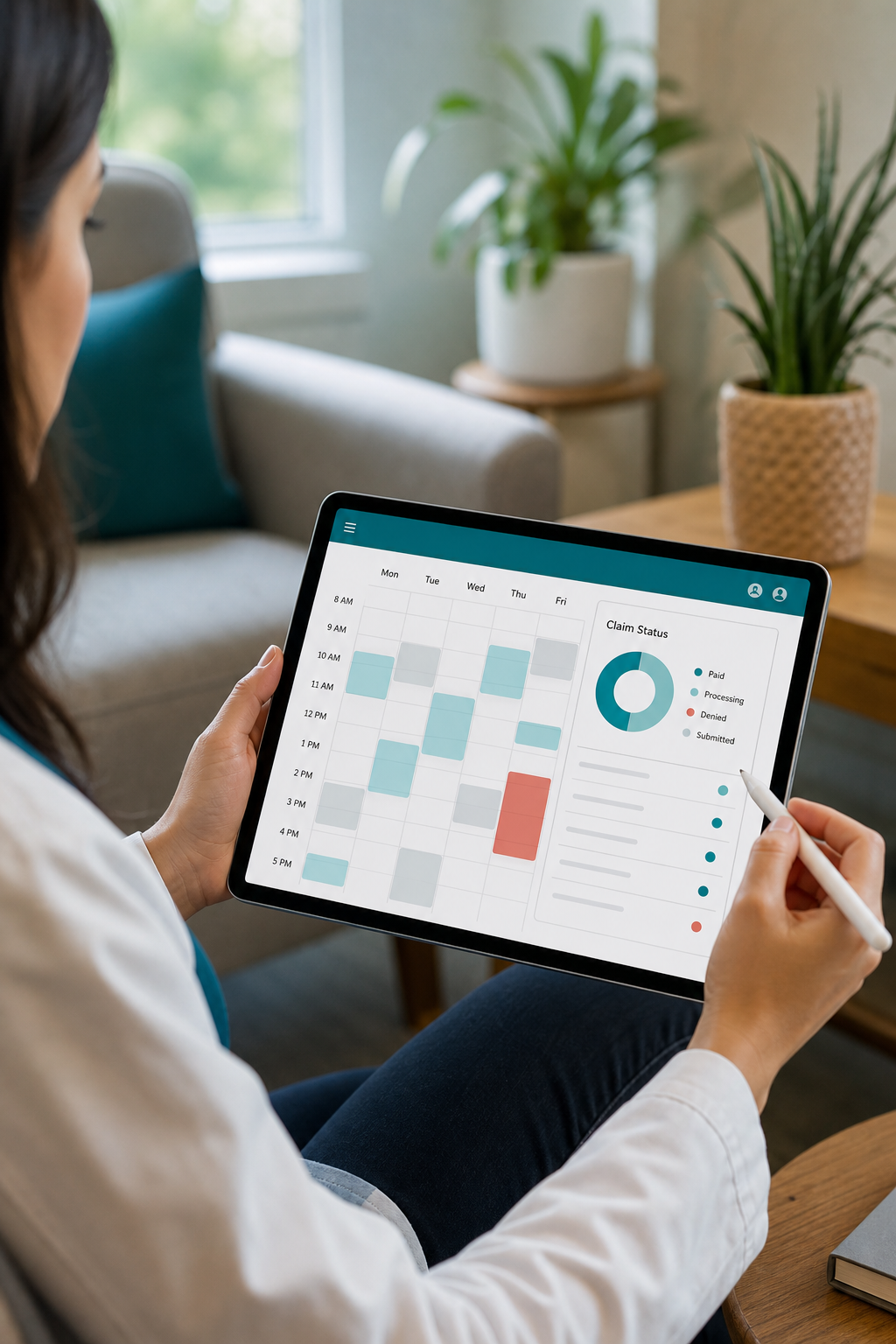 A photorealistic close-up of a clinician's hands using a tablet showing a practice-management dashboard with appointment slots and a claim status panel, soft daylight in a counseling office, teal interface accents, plants in the background. Alt: EHR-integrated billing platform dashboard for South Georgia mental health providers.