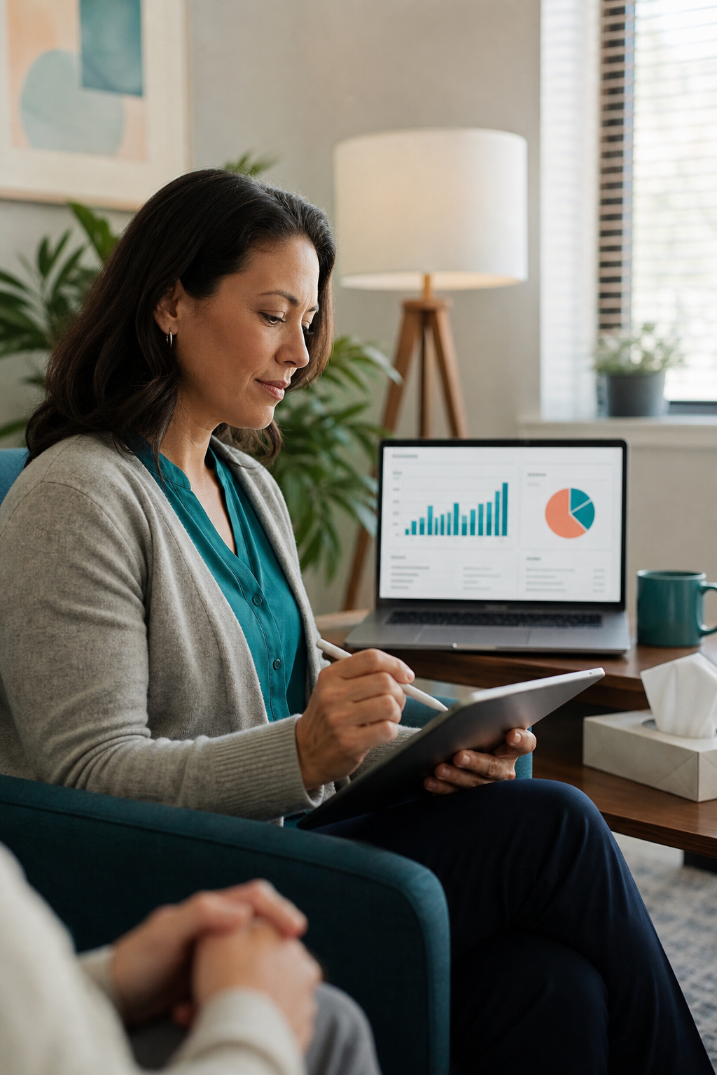 A calm therapy office scene with a therapist reviewing a tablet while a billing dashboard is visible on a laptop in the background. Alt: MCM South mental health billing services for Western Massachusetts therapists