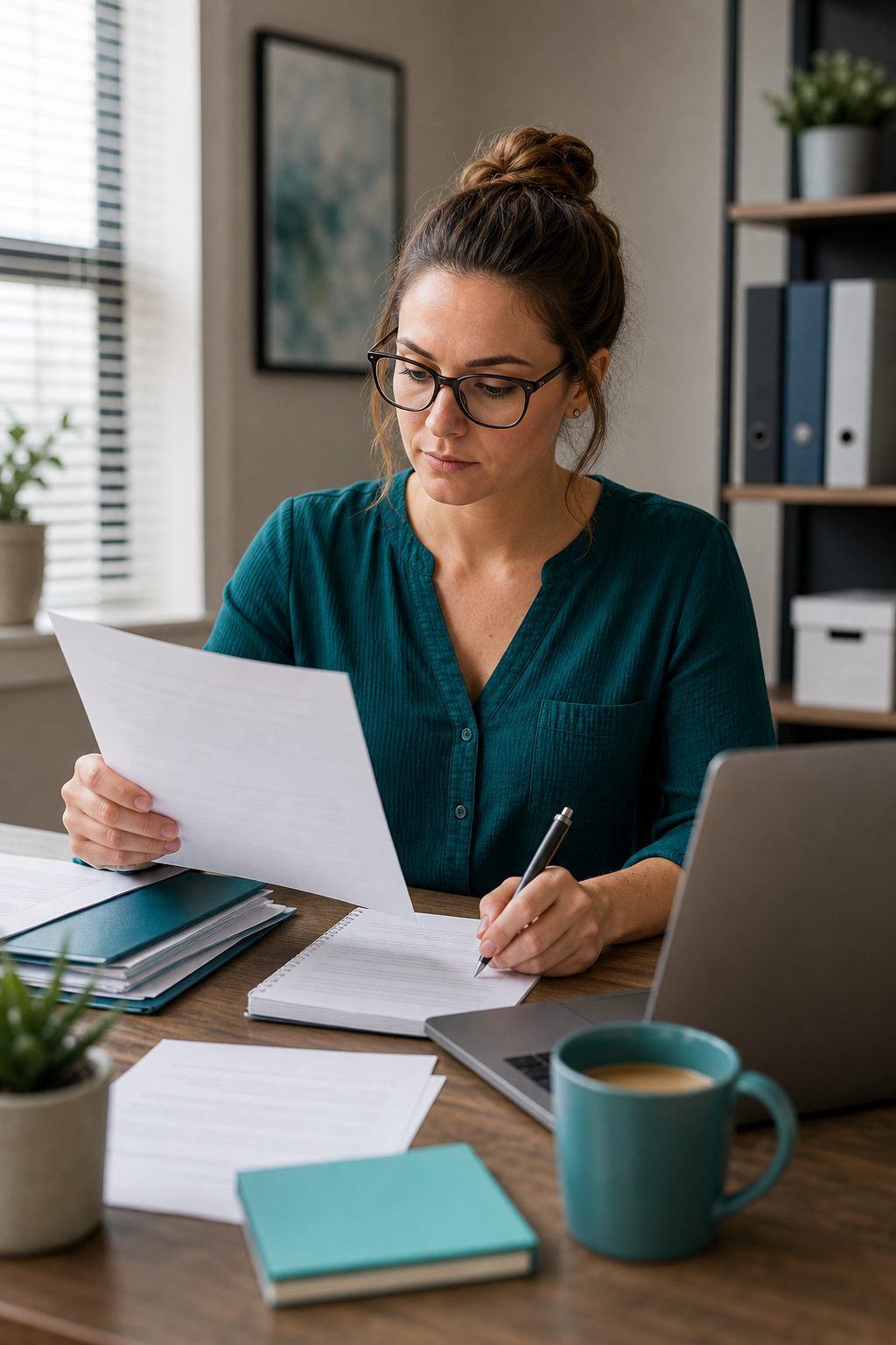 A billing specialist reviewing a denial letter and preparing an appeal on a desk with a cup of coffee. Alt: Denial management services for mental health billing in Western Massachusetts