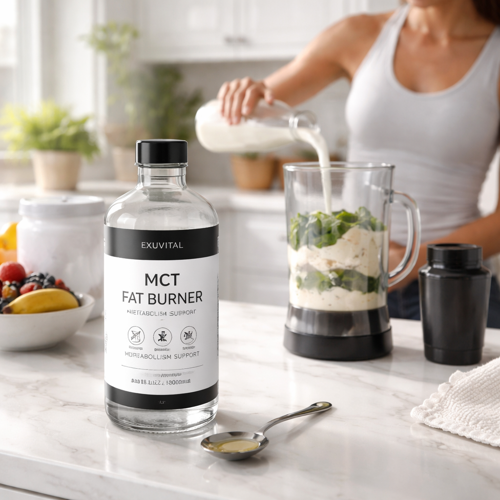 A photorealistic kitchen scene with a clear glass bottle of MCT fat burner supplement on the counter, a spoon of liquid MCT oil beside it, soft natural lighting, showing a healthy adult preparing a morning shake. Alt: best metabolism booster supplement in a realistic kitchen setting.