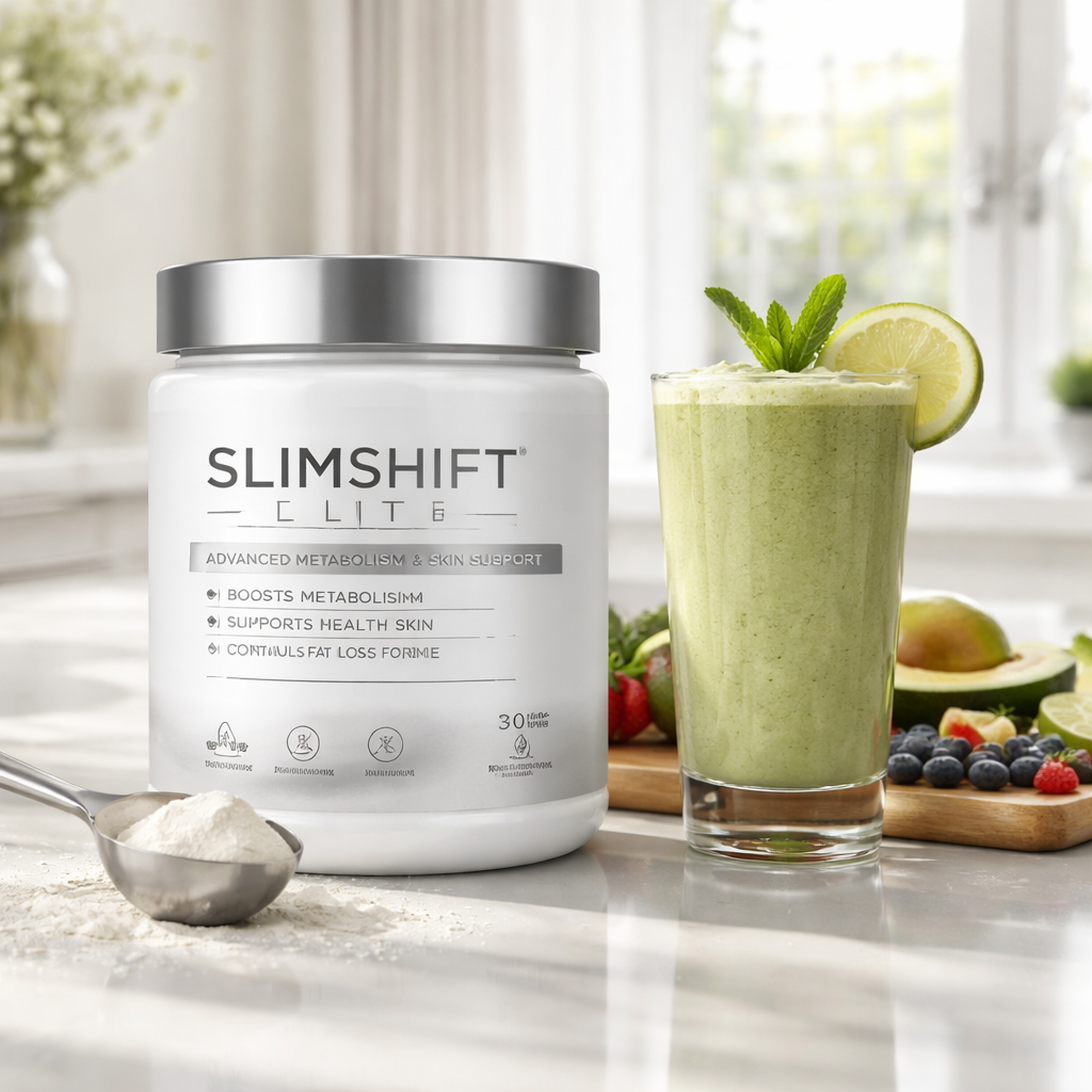 A photorealistic scene of a bright kitchen counter with a scoop of SlimShift Elite powder beside a smoothie, natural light highlighting the product, appealing to adults 30+ focused on health and skin. Alt: Best metabolism booster supplement visual.