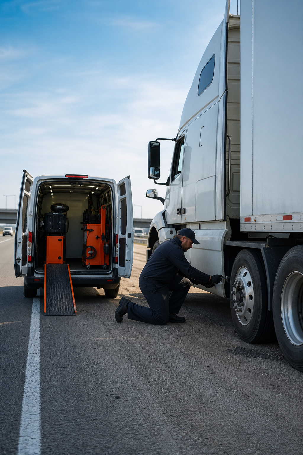 A photorealistic image of a mobile tire service truck parked next to a large commercial truck on a highway shoulder, with a technician in uniform inspecting a tire. Alt: The Tire Specialist mobile truck servicing a commercial truck in Dallas