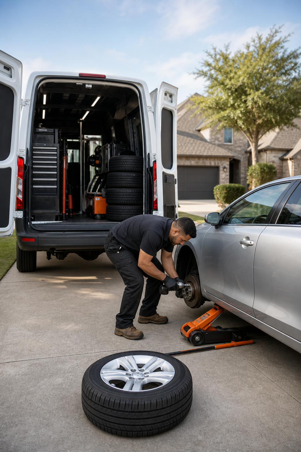 A photorealistic image of a mobile tire van parked in a suburban driveway, with a technician changing a tire on a sedan. Alt: Independent mobile tire shop servicing a personal vehicle in Dallas