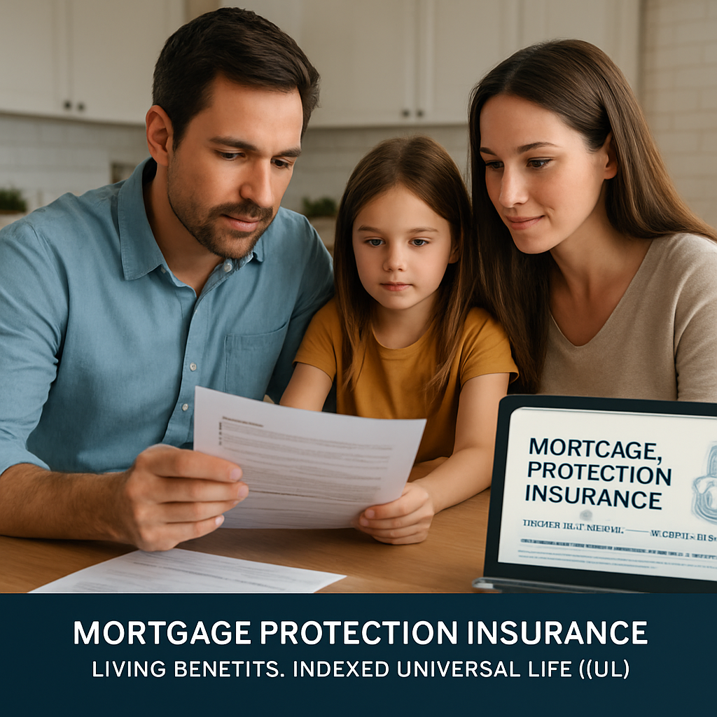 A family reviewing mortgage protection documents at a kitchen table, with a laptop open to a policy summary. Alt: mortgage protection insurance with living benefits illustration
