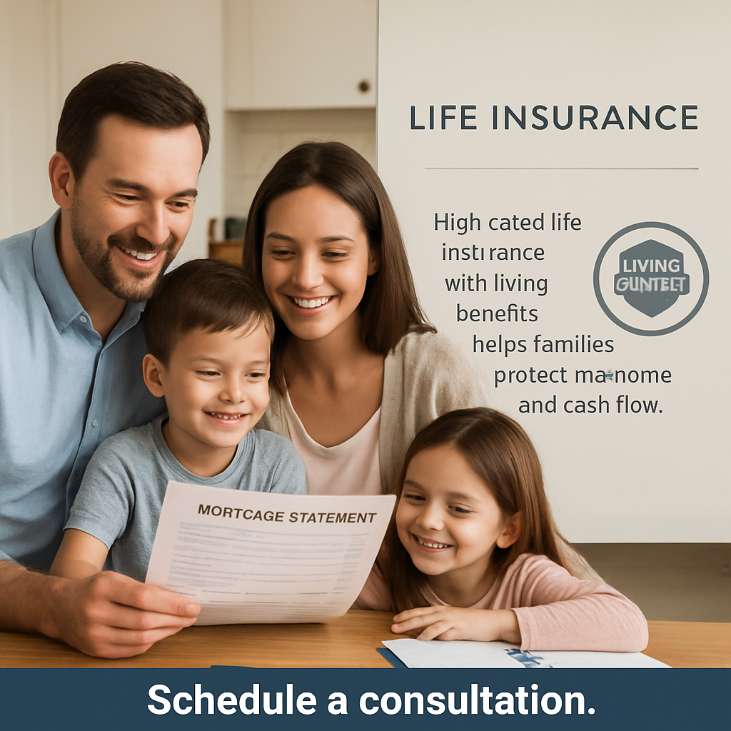 A smiling family sitting at a kitchen table reviewing a mortgage statement, with a subtle overlay of a life‑insurance document showing a “living‑benefit” badge. Alt: High‑rating life insurance with living benefits helps families protect their home and cash flow.