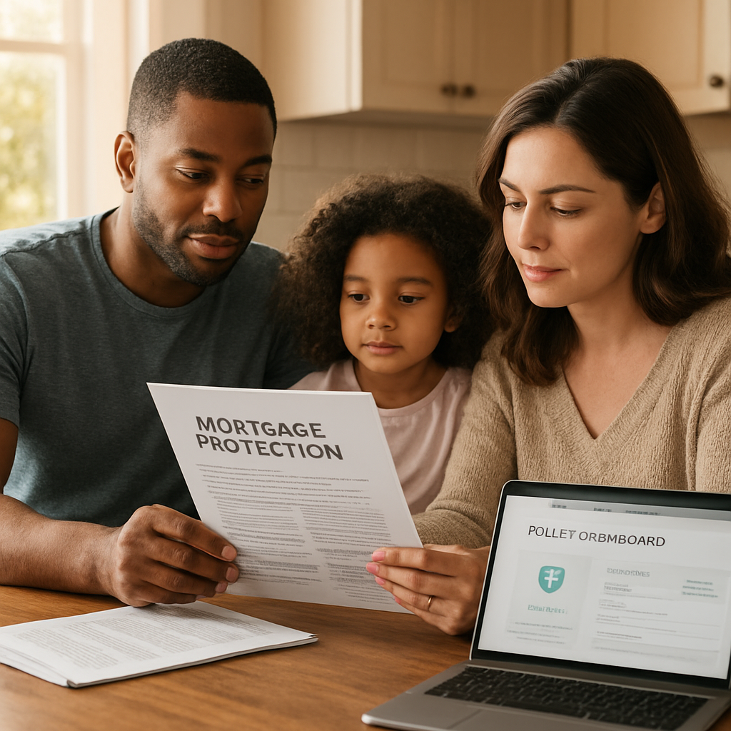 A photorealistic scene of a family reviewing mortgage protection documents at a kitchen table, with a laptop open to a policy dashboard, sunlight streaming through a window, emphasizing security and flexibility. Alt: Best mortgage protection insurance companies – premium coverage and flexible terms for families.