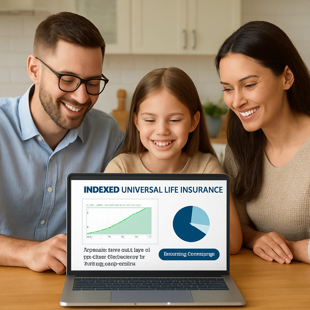 A photorealistic scene of a family sitting at a kitchen table reviewing an indexed universal life illustration on a laptop, showing charts of cash value growth, Alt: Affordable indexed universal life insurance options for mortgage protection
