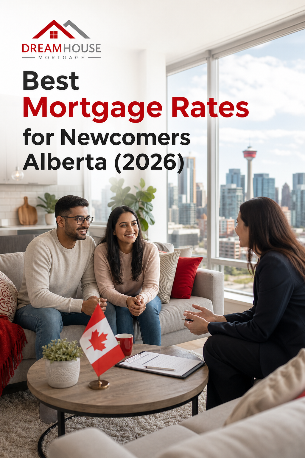 A welcoming living room in a modern Calgary condo with natural light, a soft rug, and a small Canadian flag on the coffee table, inviting newcomers to feel at home. Alt: Newcomers to Alberta comfortable in a Calgary condo living room with mortgage documents on coffee table