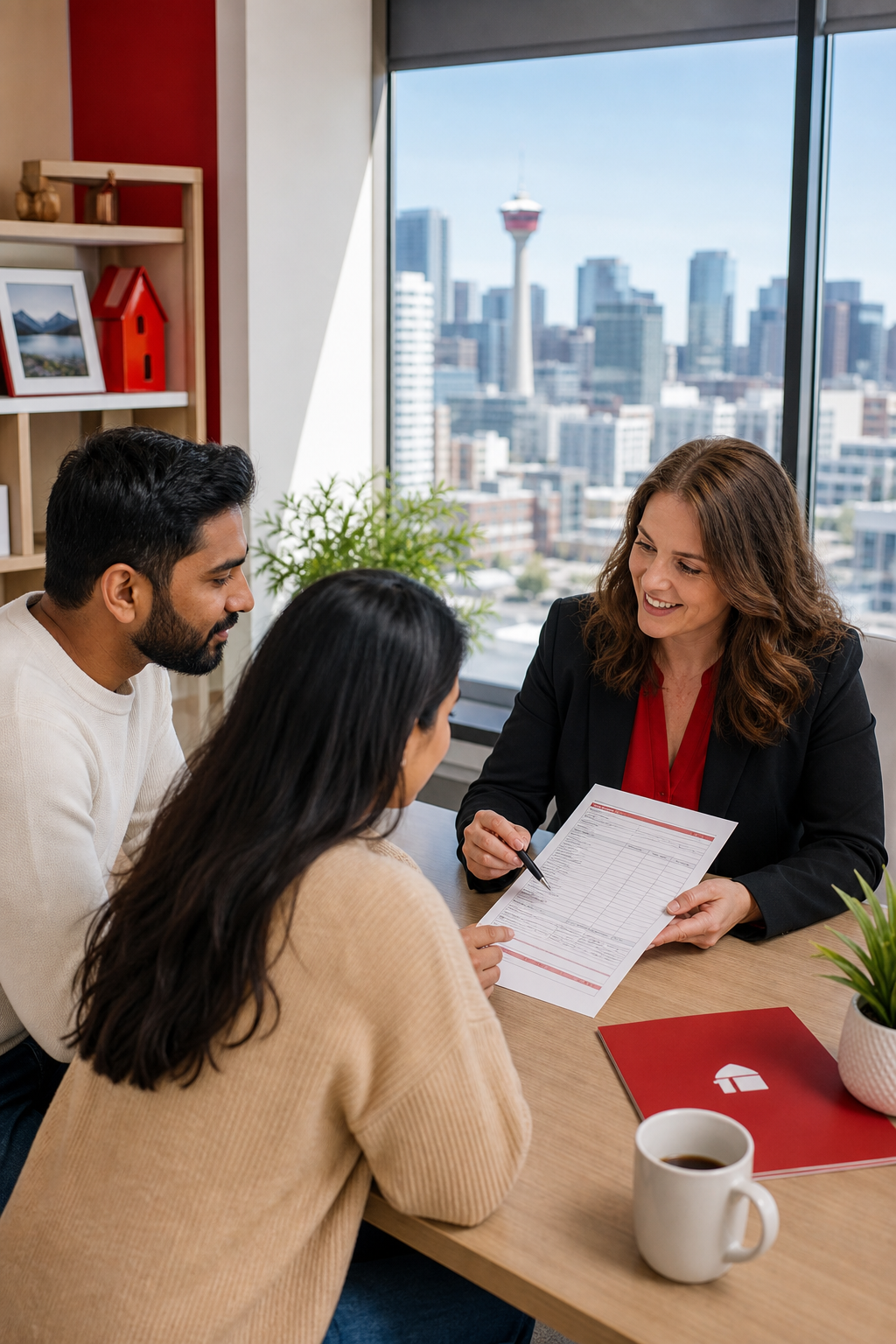 A friendly mortgage consultant in a bright office in Calgary sitting across from a young couple, reviewing a document together, with a large window showing the downtown skyline. Alt: DreamHouse Mortgage consultant helping newcomers with mortgage pre-approval in Calgary office
