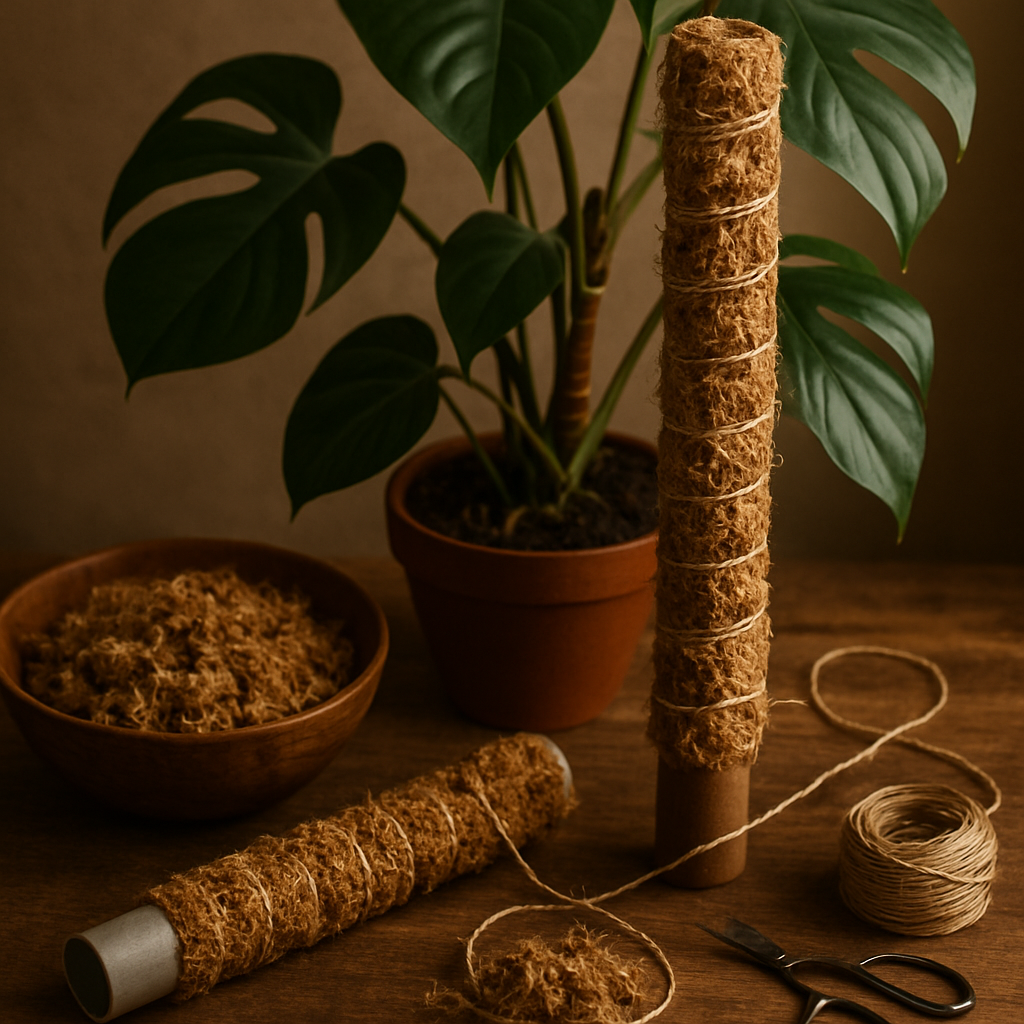 A cozy DIY moss pole wrapped with damp sphagnum moss and twine holding a thriving climbing Monstera. Alt: Best moss pole DIY showing materials and step-by-step wrapping process.