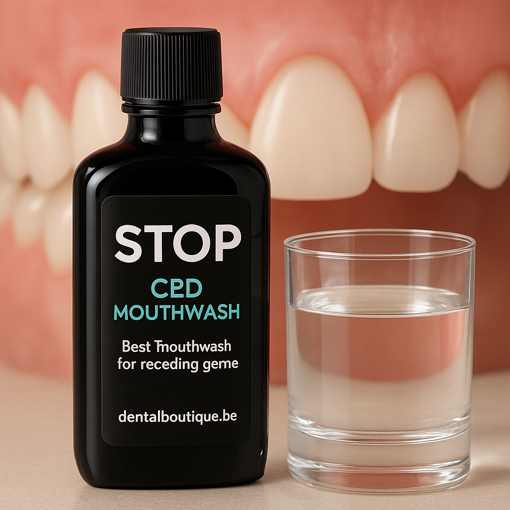 A close‑up of a sleek STOP mouthwash bottle next to a glass of water, with a soft focus on healthy pink gums in the background. Alt: Best mouthwash for receding gums – STOP CBD mouthwash showcased with gum health visual.