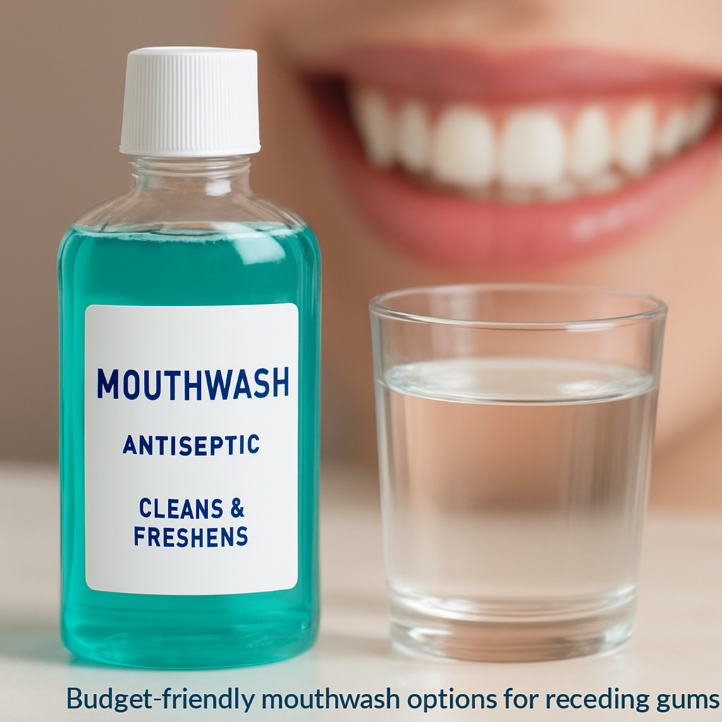 A close‑up of an affordable over‑the‑counter mouthwash bottle next to a glass of water, with a soft focus on healthy pink gums smiling in the background. Alt: Budget‑friendly mouthwash options for receding gums.