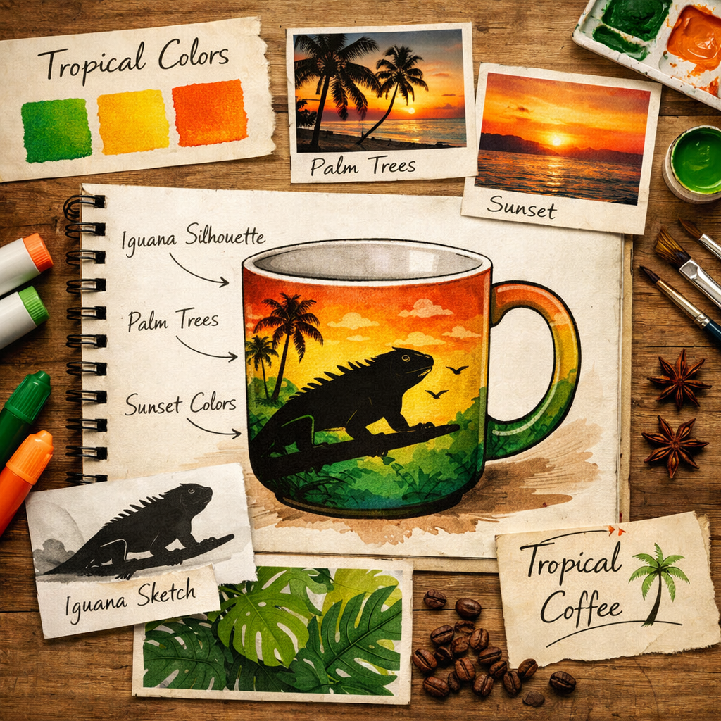 A realistic illustration of a coffee mug design sketch with tropical colors and an iguana silhouette, showing a mood board style layout. Alt: mug design concept for tropical coffee brand