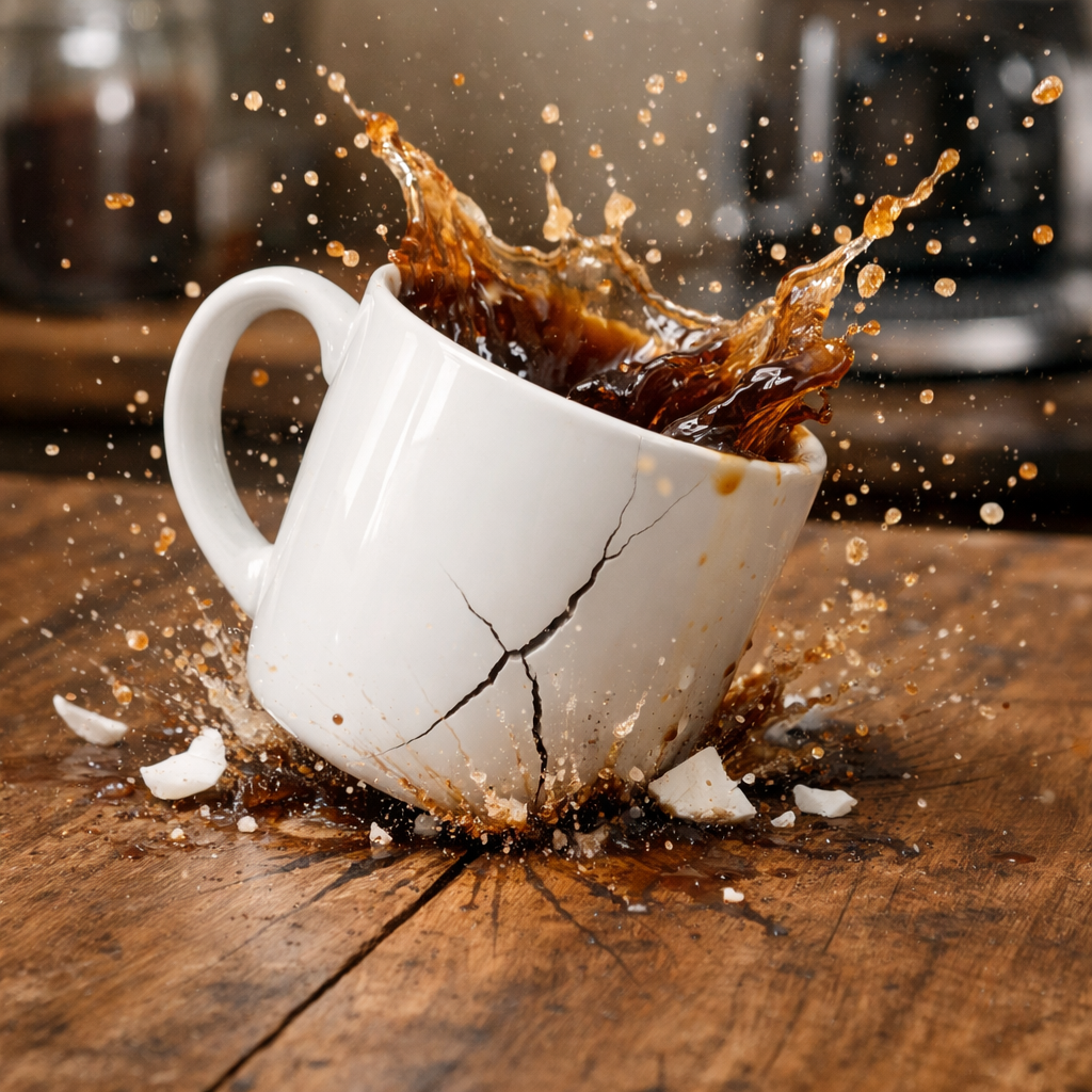A realistic scene of a coffee mug being dropped onto a wooden table, showing a split‑second of impact and a subtle crack, illustrating durability testing. Alt: mug durability test for coffee brand