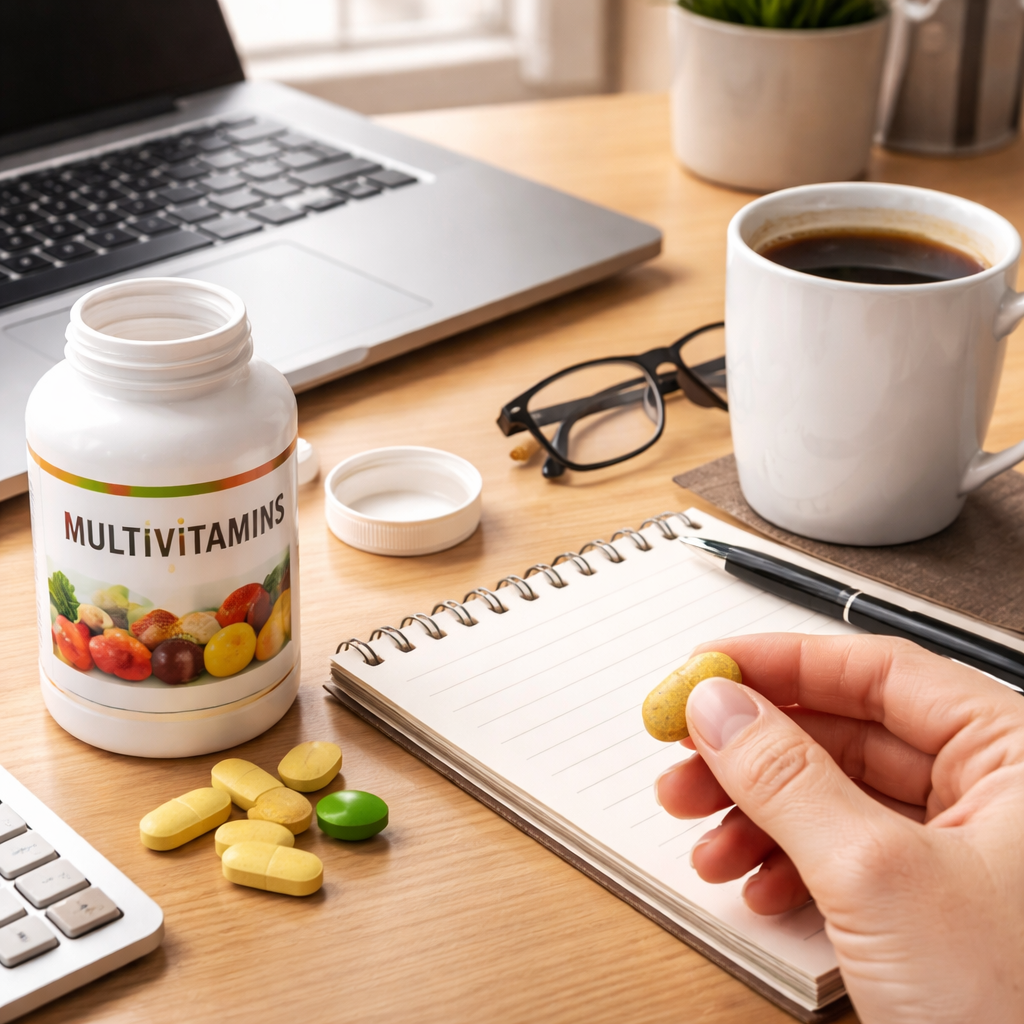A realistic illustration of a desk setup with a coffee mug, laptop, and a hand holding a multivitamin tablet beside a notepad. Alt: sedentary office environment with multivitamin focus