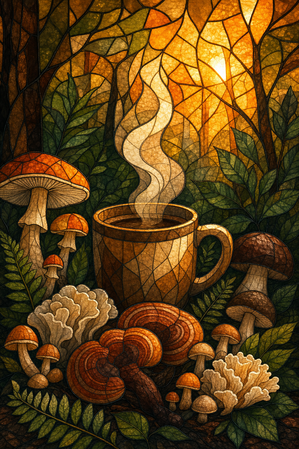 A stained glass style illustration showing a steaming mug surrounded by forest mushrooms, glowing amber light filtering through the composition in warm orange tones. Alt: best mushroom coffee blend for everyday energy with functional mushrooms