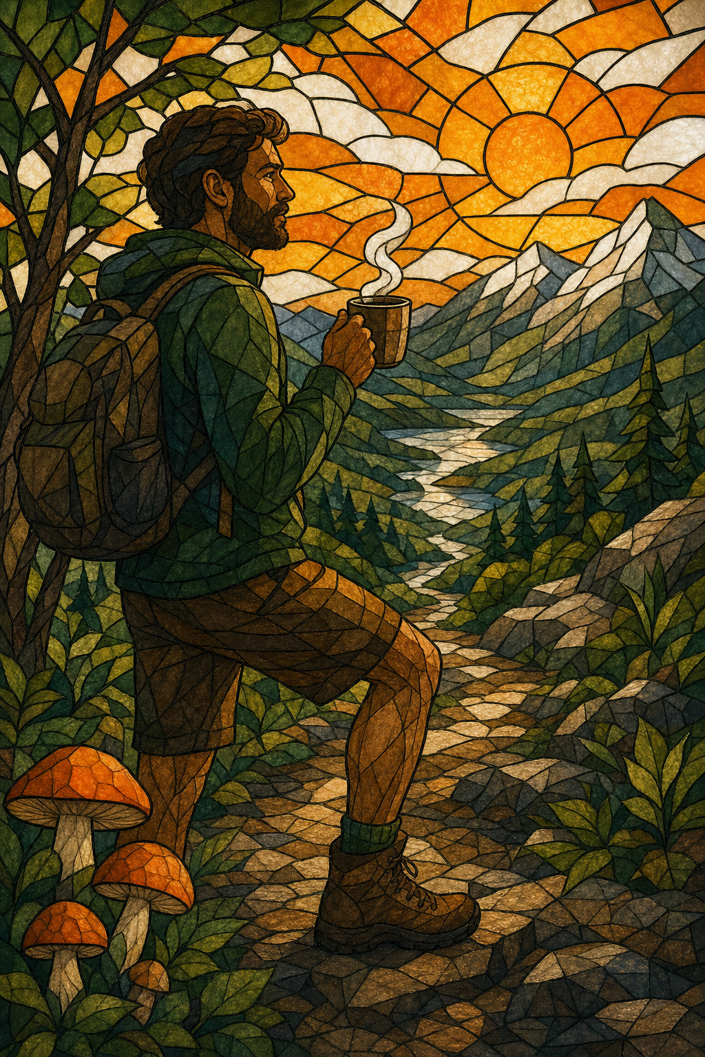 A stained glass style illustration of an athlete holding a steaming mug on a mountain trail, warm orange and green tones filling the frame. Alt: mushroom coffee for active lifestyles and outdoor performance