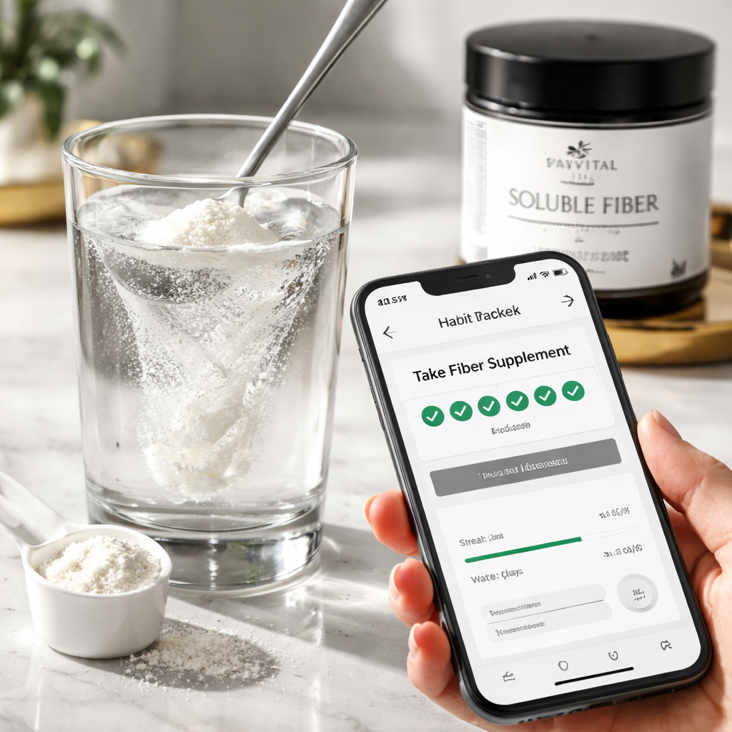 A photorealistic close‑up of a glass of water with a scoop of soluble fiber powder swirling, a hand holding a smartphone showing a habit‑tracker app. Alt: natural appetite suppressant supplement in use.