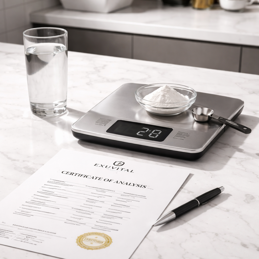 A photorealistic scene of a clean kitchen countertop with a glass of water, a kitchen scale showing 2 g of powder, and a certificate of analysis document beside it. Alt: best natural appetite suppressant supplement safety and quality verification.