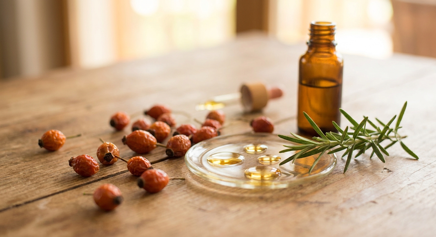 A soft focus scene of a wooden table with rosehip berries, almond oil droplets, and a sprig of rosemary, natural light, Realism style, alt: rosehip oil ingredients for skincare