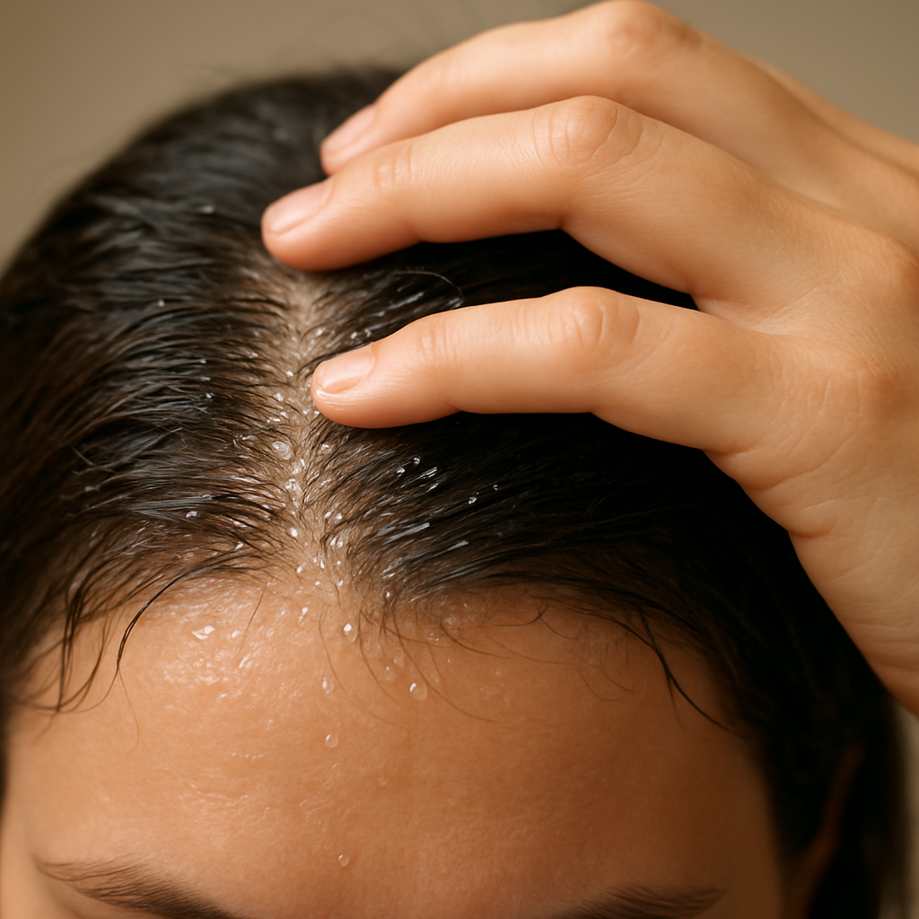 A close‑up of a hand massaging rosemary oil into a scalp, showing droplets glistening on the hair. Alt: rosemary oil scalp massage for hair growth
