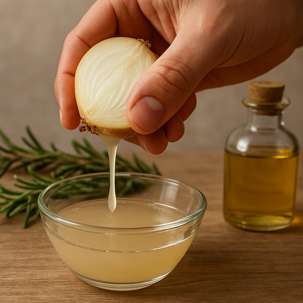A close‑up of a hand squeezing fresh onion juice into a small glass bowl, with a backdrop of rosemary sprigs and a jar of carrier oil. Alt: Onion juice scalp treatment for natural hair growth