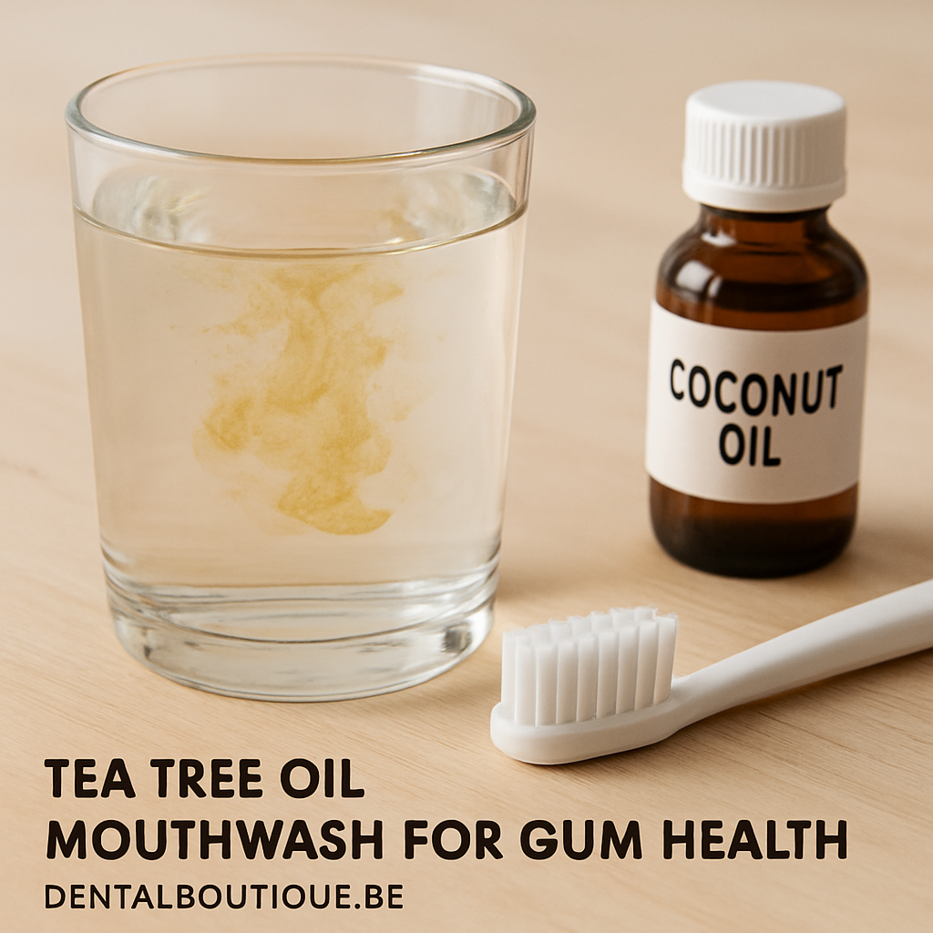 A close‑up of a glass of warm water with a few drops of tea tree oil swirling, next to a toothbrush and a small bottle of coconut oil. Alt: Tea tree oil mouthwash for gum health.