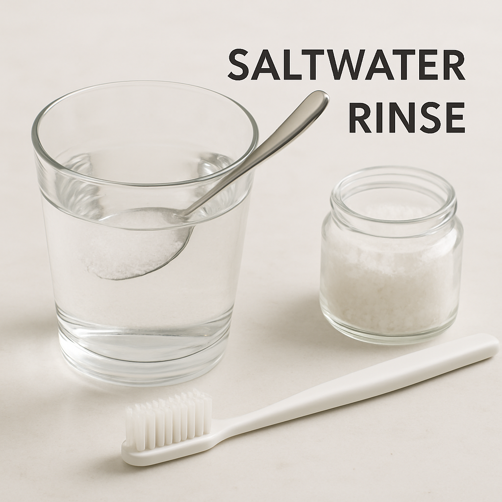 A glass of warm water with a spoonful of salt dissolving, placed next to a toothbrush and a small jar of sea salt. Alt: Simple salt water rinse for gum health