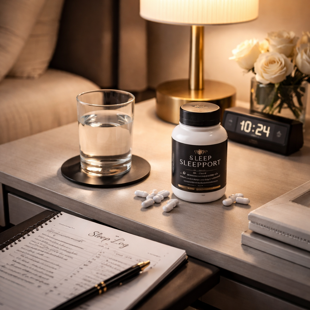 A photorealistic bedroom at night, soft warm lighting, a bedside table with a bottle of natural sleep supplement, a glass of water, and a handwritten sleep log. Alt: best natural sleep supplement without melatonin night routine.