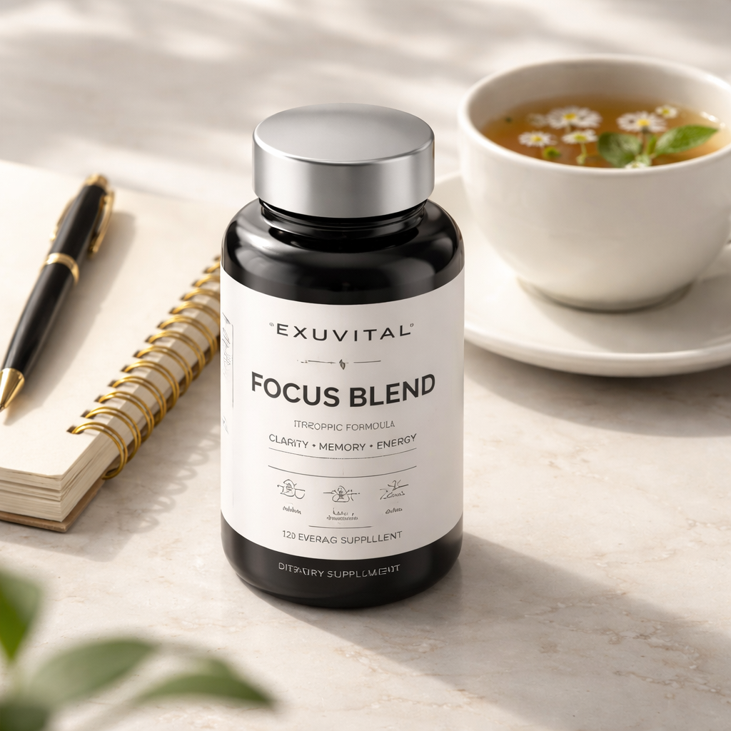 A photorealistic close‑up of a sleek bottle of Exuvital Focus Blend beside a notebook and a cup of herbal tea, soft natural lighting, conveying calm focus for adults 30+ interested in premium wellness.