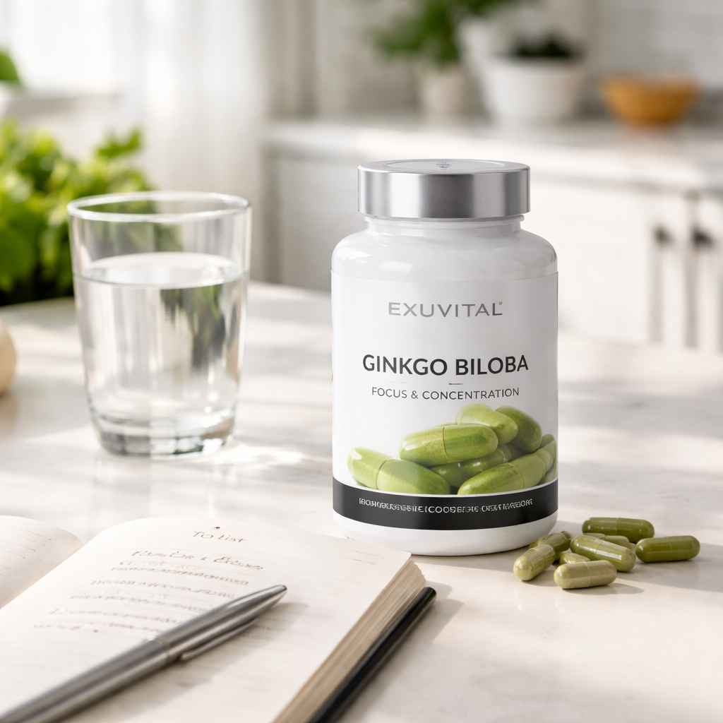 A photorealistic scene of a bright kitchen counter with a bottle of Ginkgo Biloba capsules, a glass of water, and a notebook open to a to‑do list. Soft natural light highlights the product. Alt: Ginkgo Biloba supplement for focus and concentration.