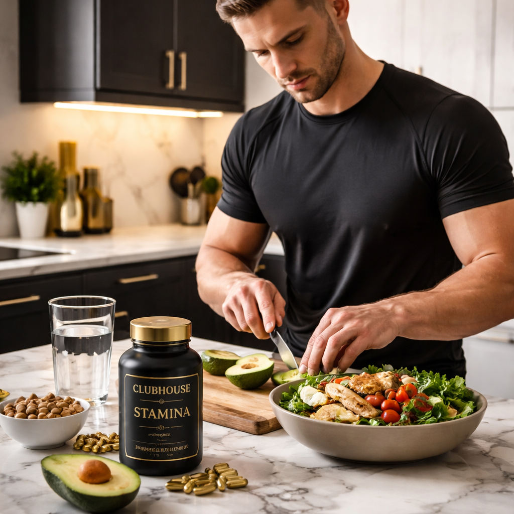 A realistic scene of a man preparing a balanced meal with avocado, nuts, and a glass of water, alongside a supplement bottle. Alt: timing and absorption of stamina supplement.
