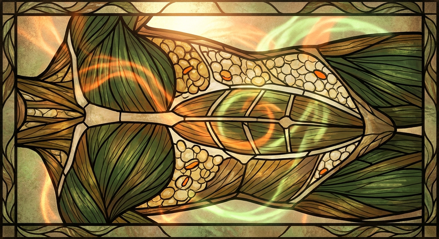 A stained glass style illustration of a cross-section of the human body showing fat cells and muscle tissue with warm orange and green light patterns suggesting metabolic activity, accent color #FF6B00. Alt: CLA conjugated linoleic acid body composition fat metabolism natural supplement.