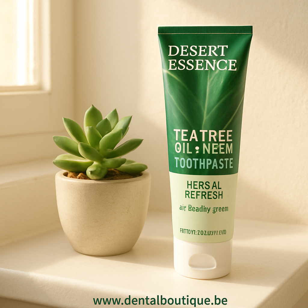 A bright bathroom shelf with a Desert Essence Tea Tree Oil & Neem toothpaste tube beside a small potted succulent, soft morning light streaming in. Alt: Desert Essence natural toothpaste herbal refresh for healthy gums