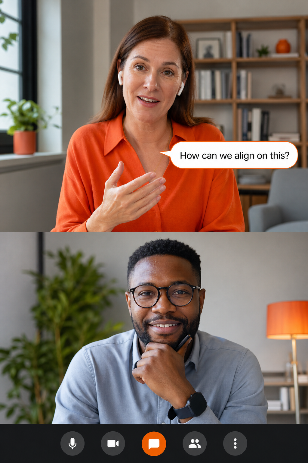 A professional virtual meeting screenshot showing two people on a video call with a speech bubble containing a calibrated question like