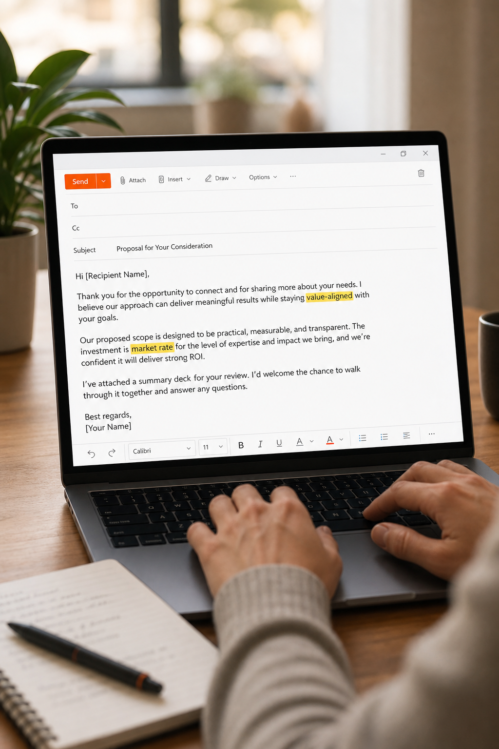 A screenshot of an email draft with highlighted key phrases like