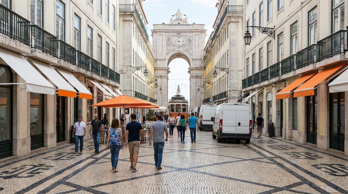 A photorealistic 16:9 street-level view of Rua Augusta in Baixa, Lisbon, showing the wide pedestrian boulevard with its black and white cobblestone pattern, neoclassical buildings, and the triumphal arch at the far end