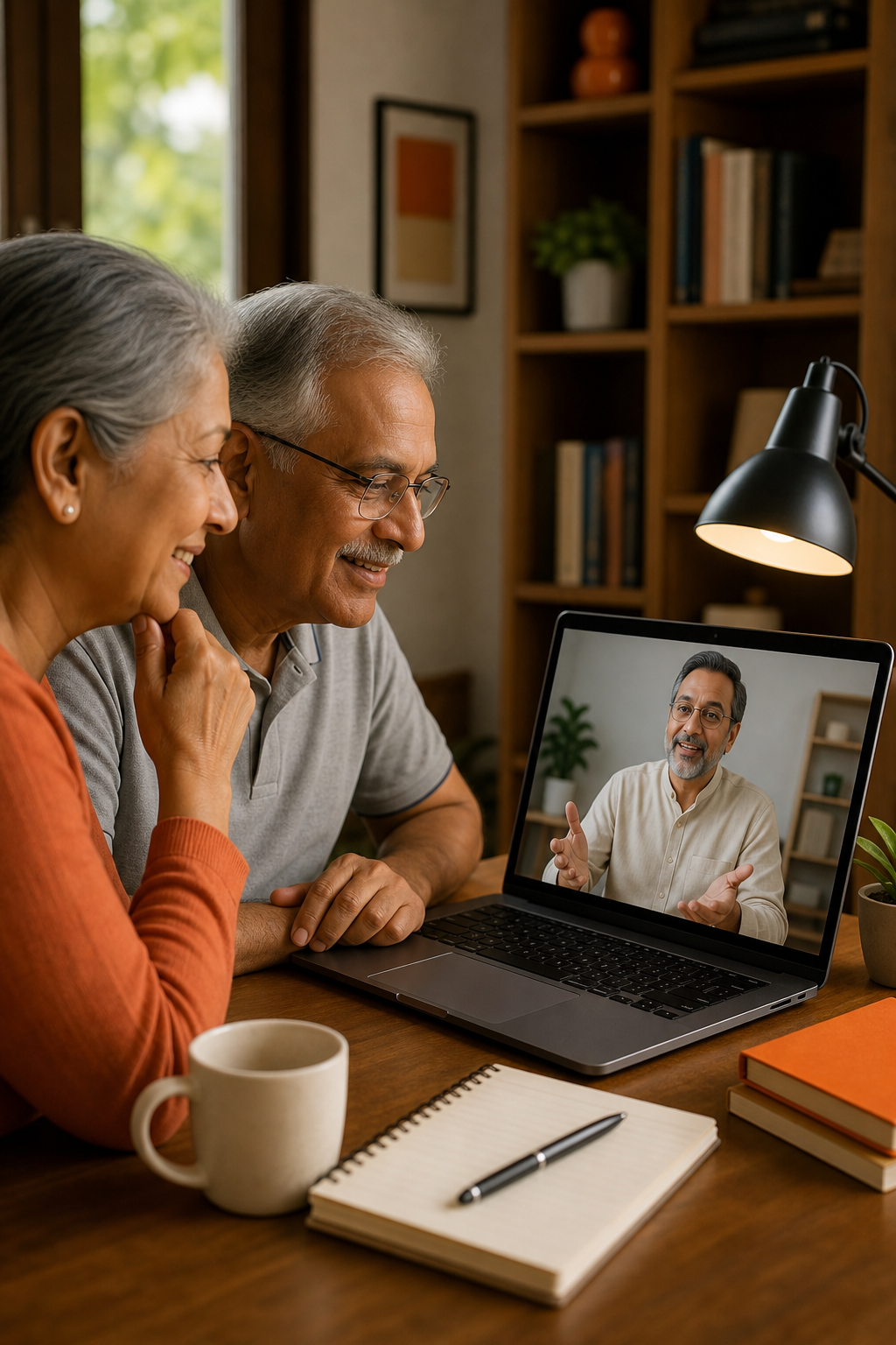A retired couple smiling at a laptop in a cozy home office, with a mentor figure on the screen. Alt: Shush Arya network marketing mentorship for retirees in a home office
