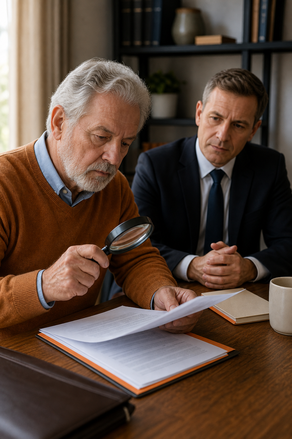 An older man reviewing a contract with a magnifying glass at a wooden desk, with a lawyer figure in the background. Alt: Retiree reviewing MLM contract with mentor guidance