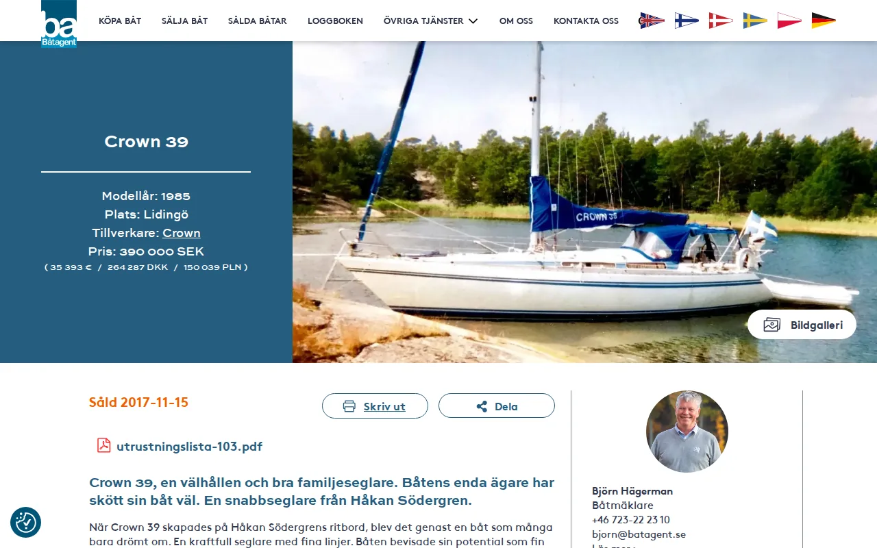 Screenshot of the Båtagent website