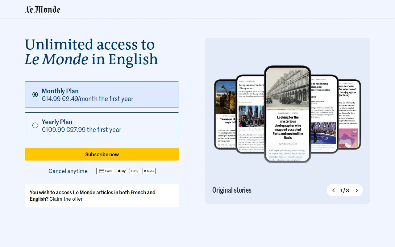 Screenshot of the Le Monde website