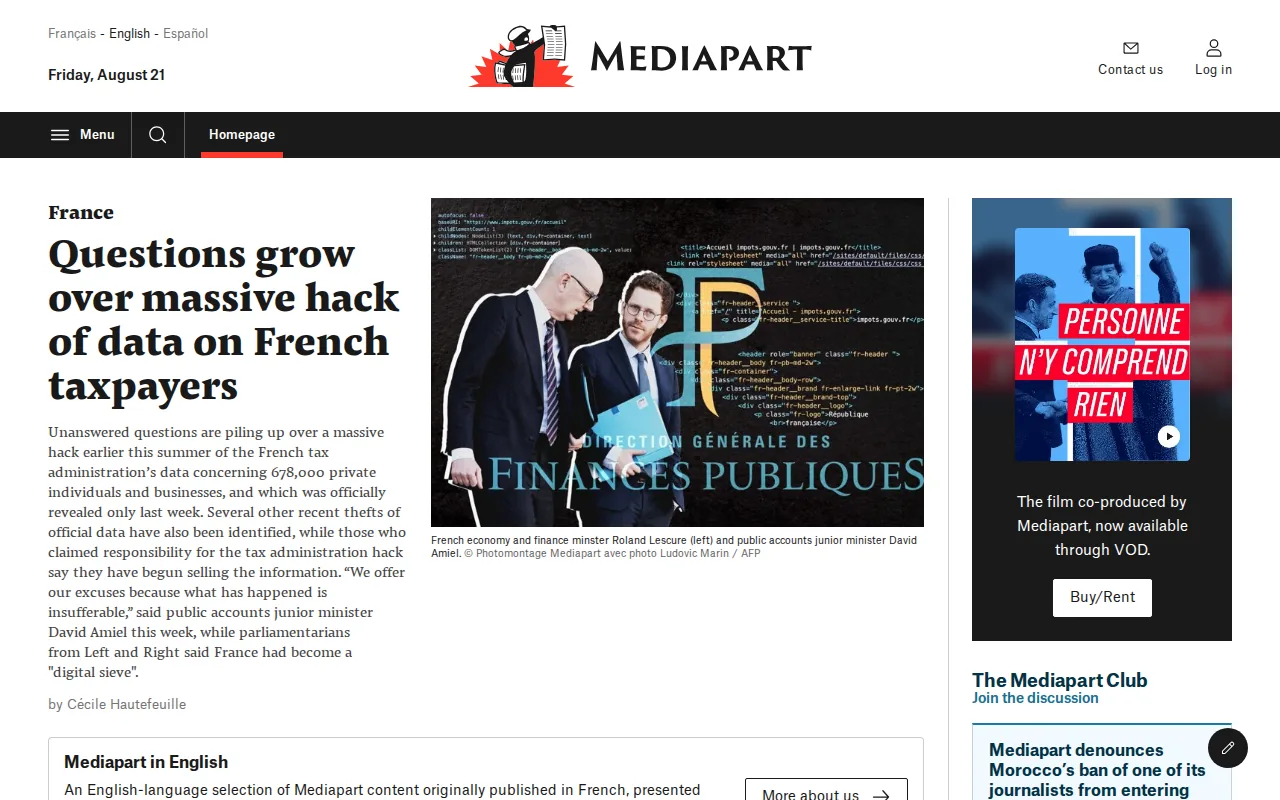 Screenshot of the Mediapart website