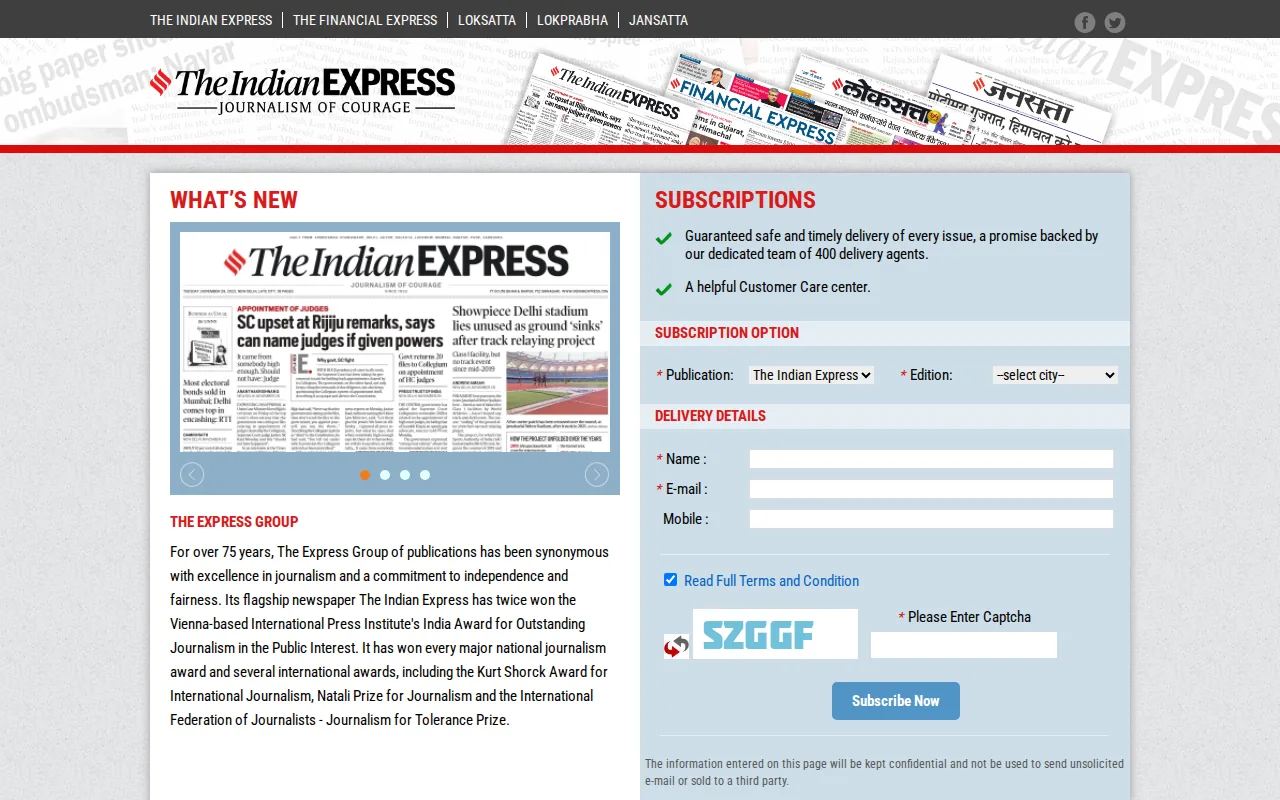 Screenshot of the Indian Express website
