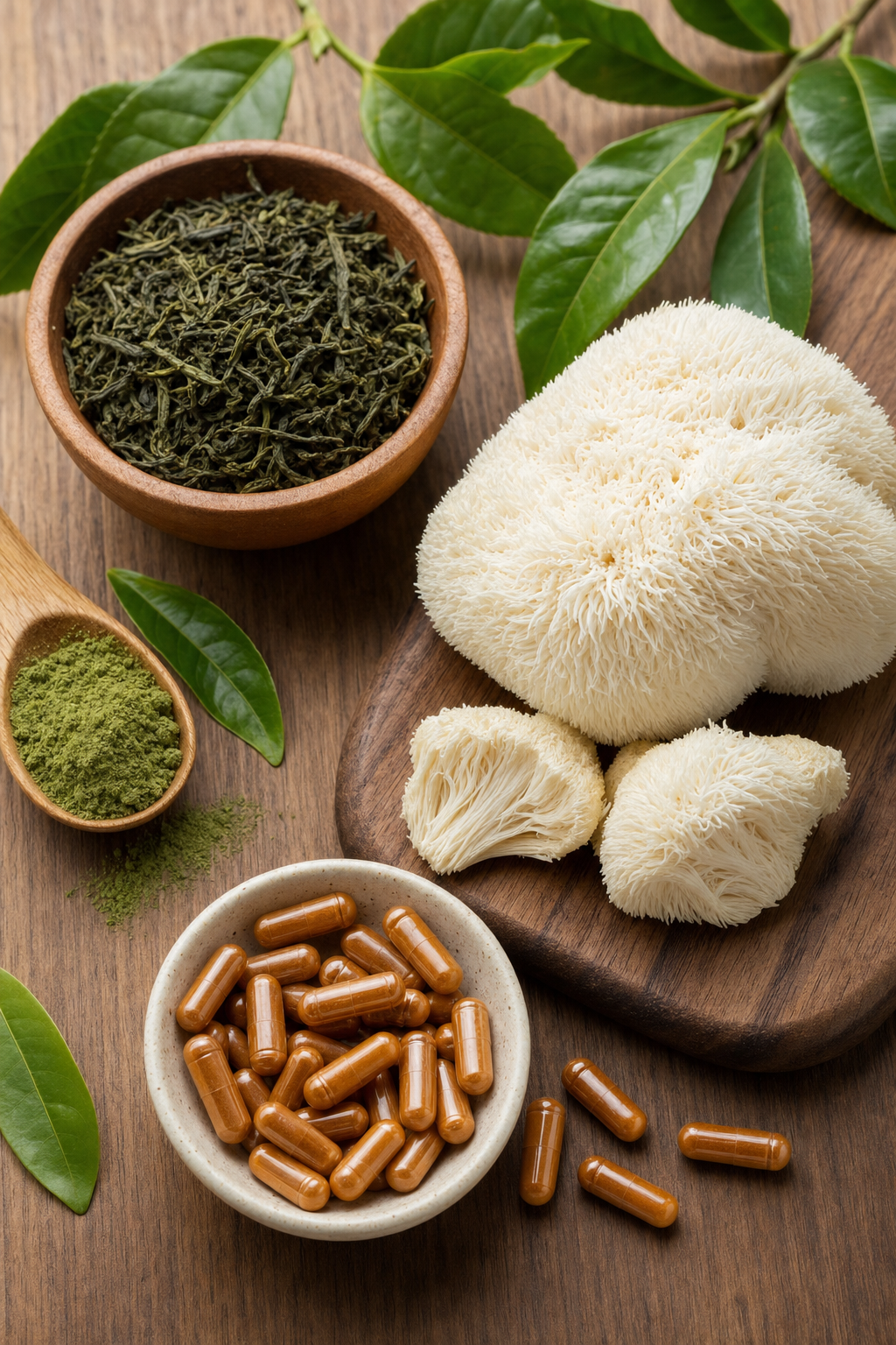 A flat-lay of natural nootropic ingredients including green tea leaves, lion's mane mushroom, and small amber supplement capsules arranged on a warm wooden surface in soft natural light. Alt: best nootropic for focus and energy ingredients laid out on wood surface.