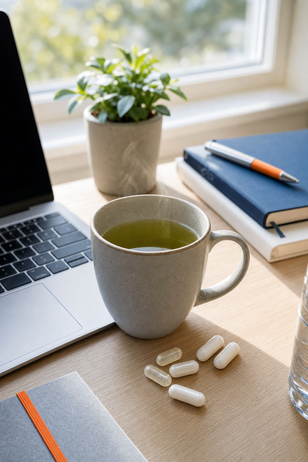 A ceramic mug of green tea alongside small white and translucent supplement capsules on a light wooden desk with morning light coming through a window. Alt: caffeine and L-theanine nootropic stack for focus and energy.
