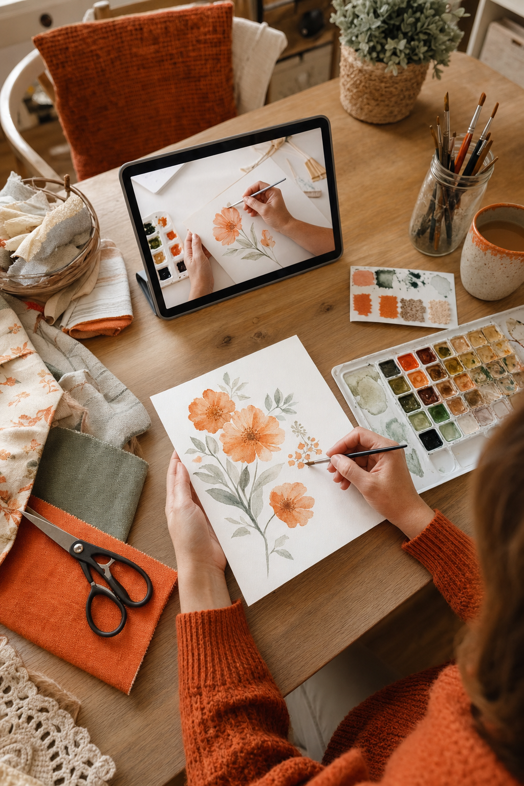 A photorealistic overhead scene of a cozy home craft table with watercolor paints, brushes, fabric swatches, and a tablet showing a video lesson, warm natural light, with subtle orange accents. Alt: Crafter following an online craft class at a home table with watercolor and fabric supplies.