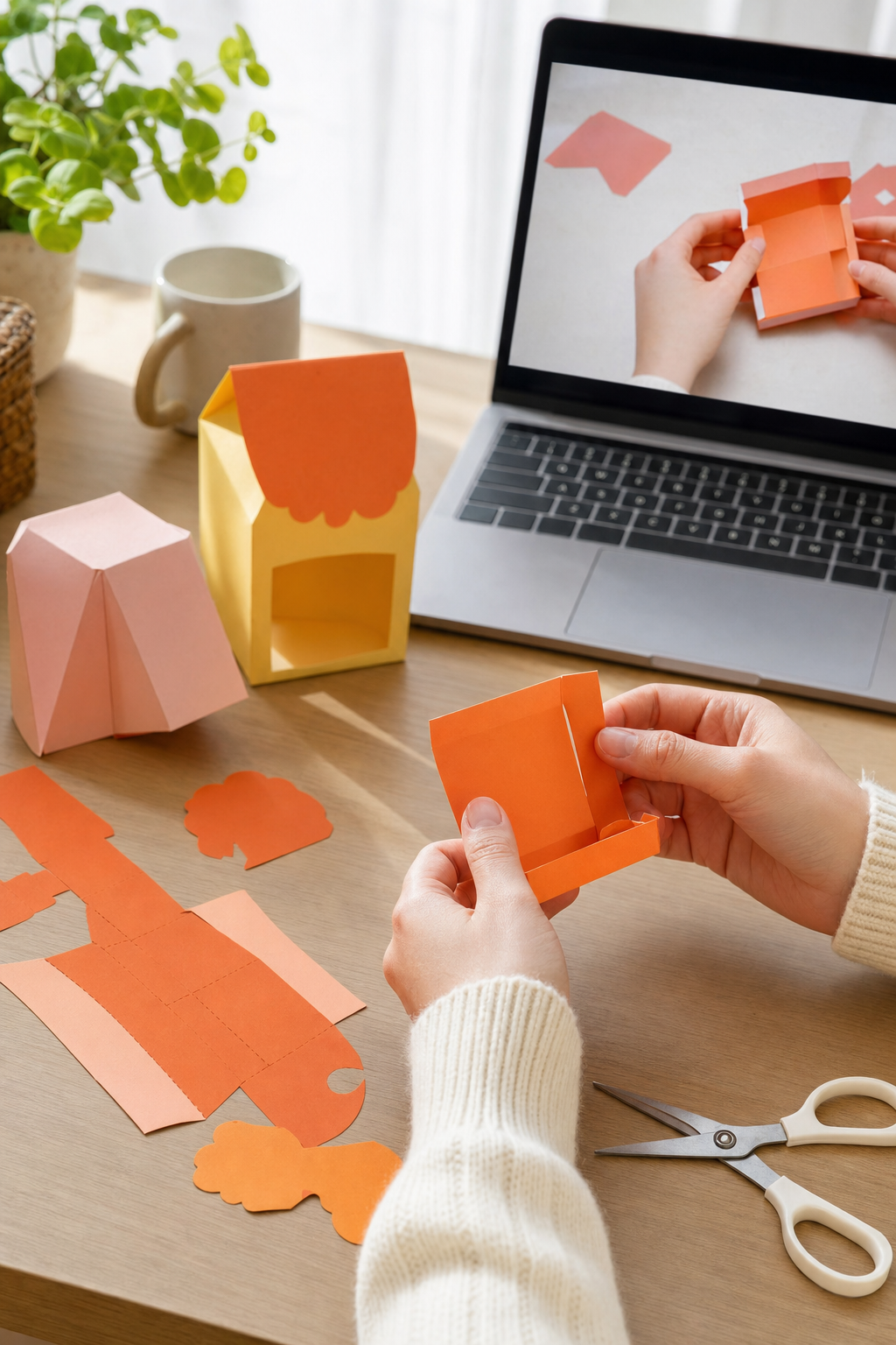 A photorealistic close-up of hands cutting and folding colorful paper for a papercraft project on a bright desk, scissors and bone folder nearby, soft daylight with warm orange tones. Alt: Hands making a papercraft project during an online craft class.