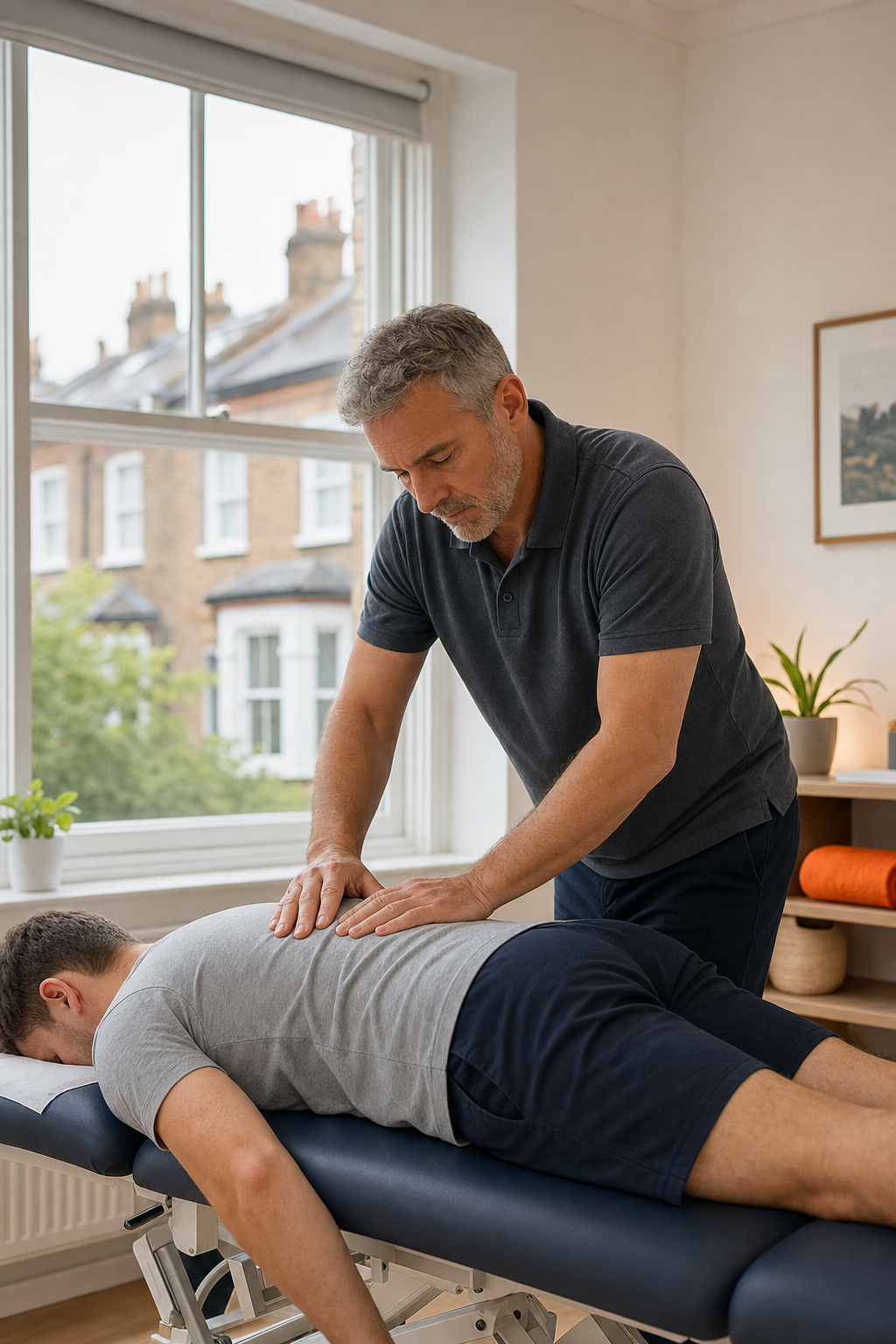 A photorealistic scene inside a calm North London osteopathy treatment room, an experienced osteopath assessing a patient's lower back by hand near a clinical table with warm natural light. Alt: Best osteopath in North London assessing a patient's back pain by hand.